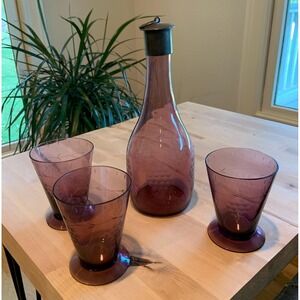 1970s Etched Wine Decanter and Glasses Aubergine (eggplant) Color